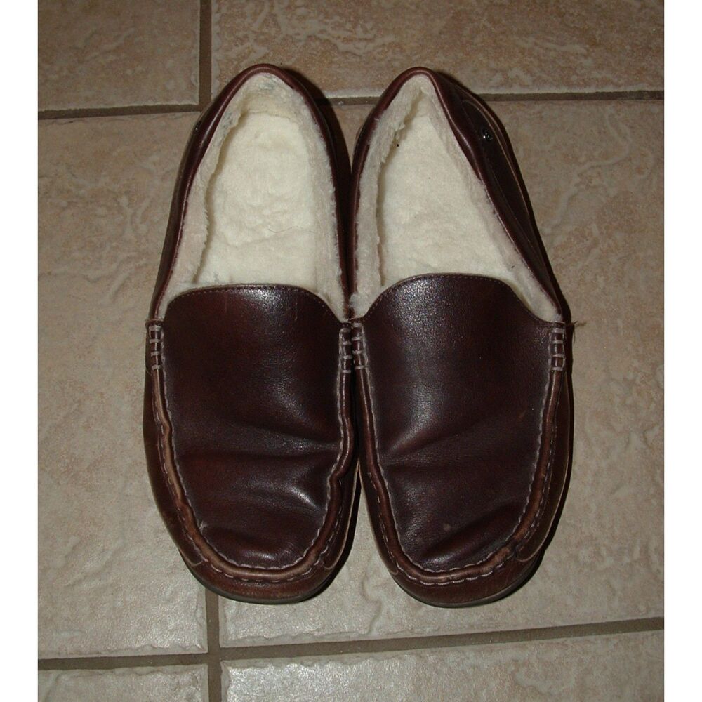 ABEO Brown Leather Mens Sz 12 Faux Fur Lined Slip On BIO SYSTEM Loafers Shoes